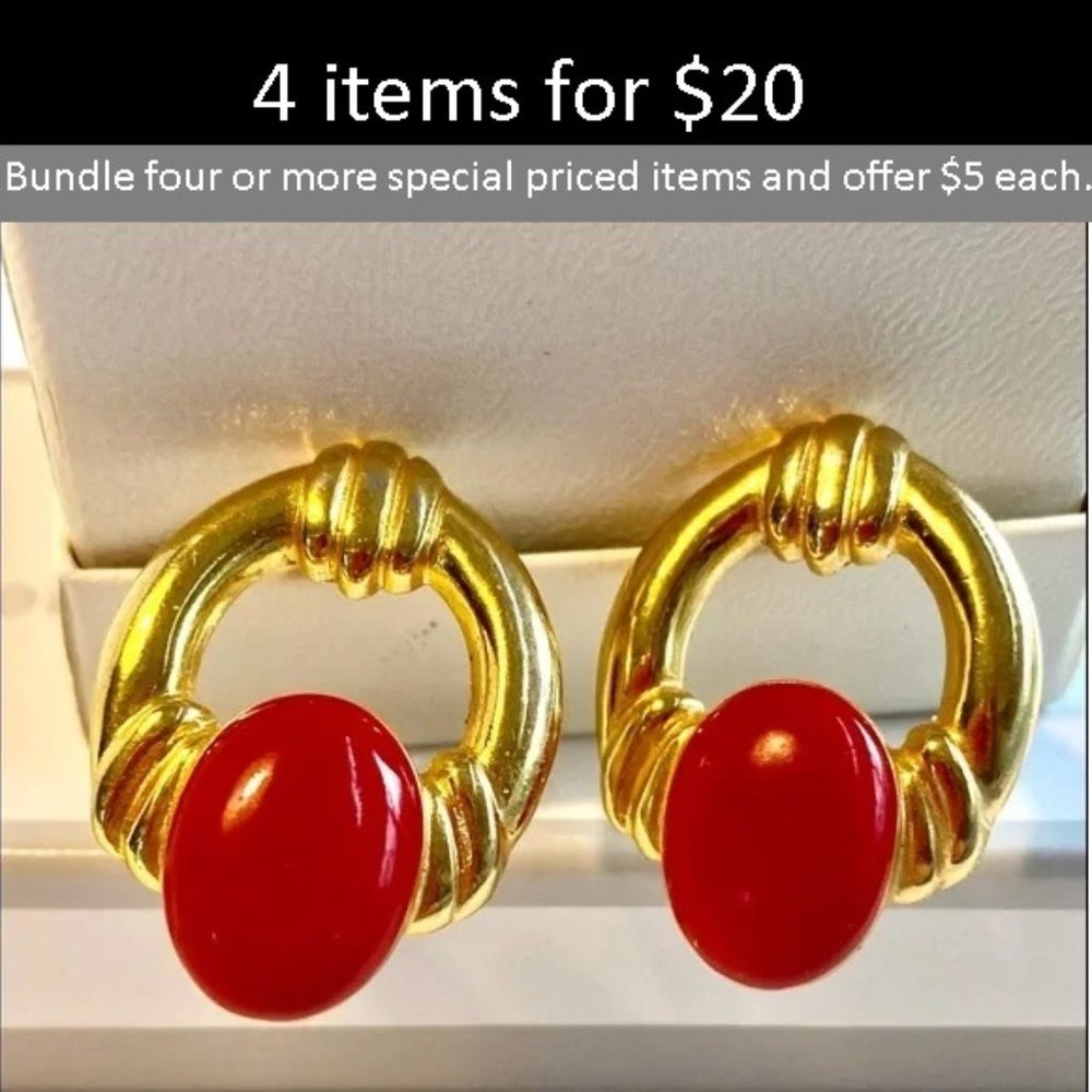 Gold-Toned Hoops with Red Enamel Circle Accent Vintage Pierced Earrings